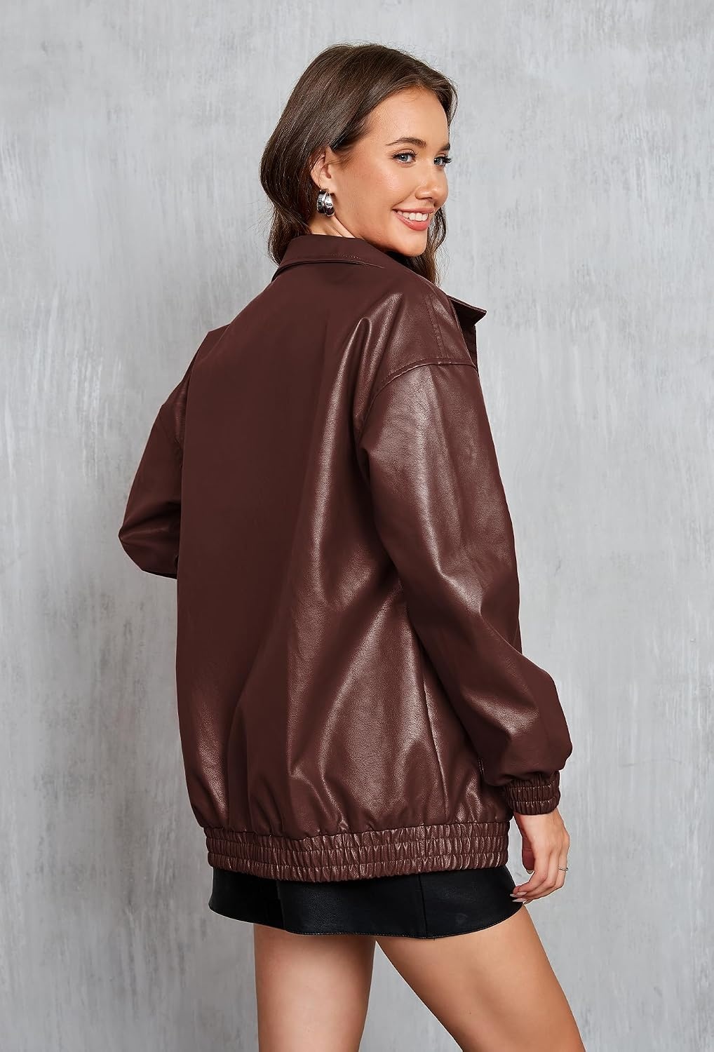 image:imageKOMANA Womens Zip Ribbed Leather Jacket Faux Oversized Winter Warm CoatBrown