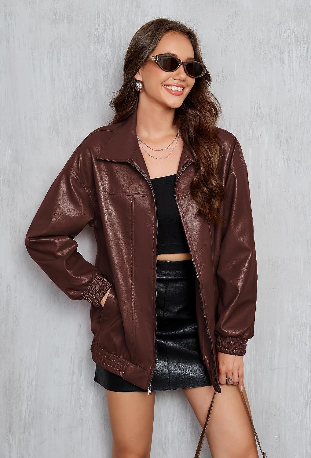 image:imageKOMANA Womens Zip Ribbed Leather Jacket Faux Oversized Winter Warm CoatBrown