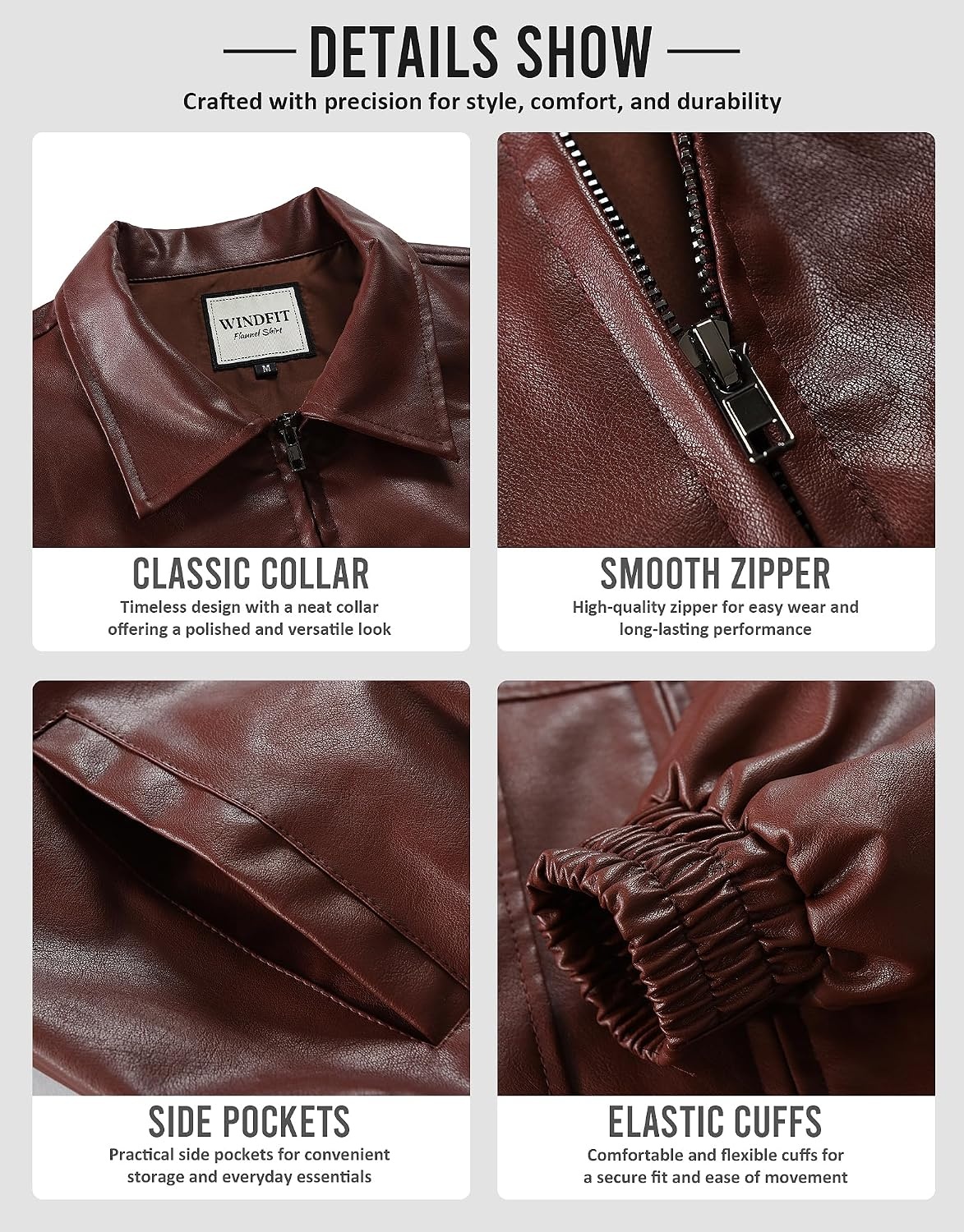 image:imageKOMANA Womens Zip Ribbed Leather Jacket Faux Oversized Winter Warm CoatBrown