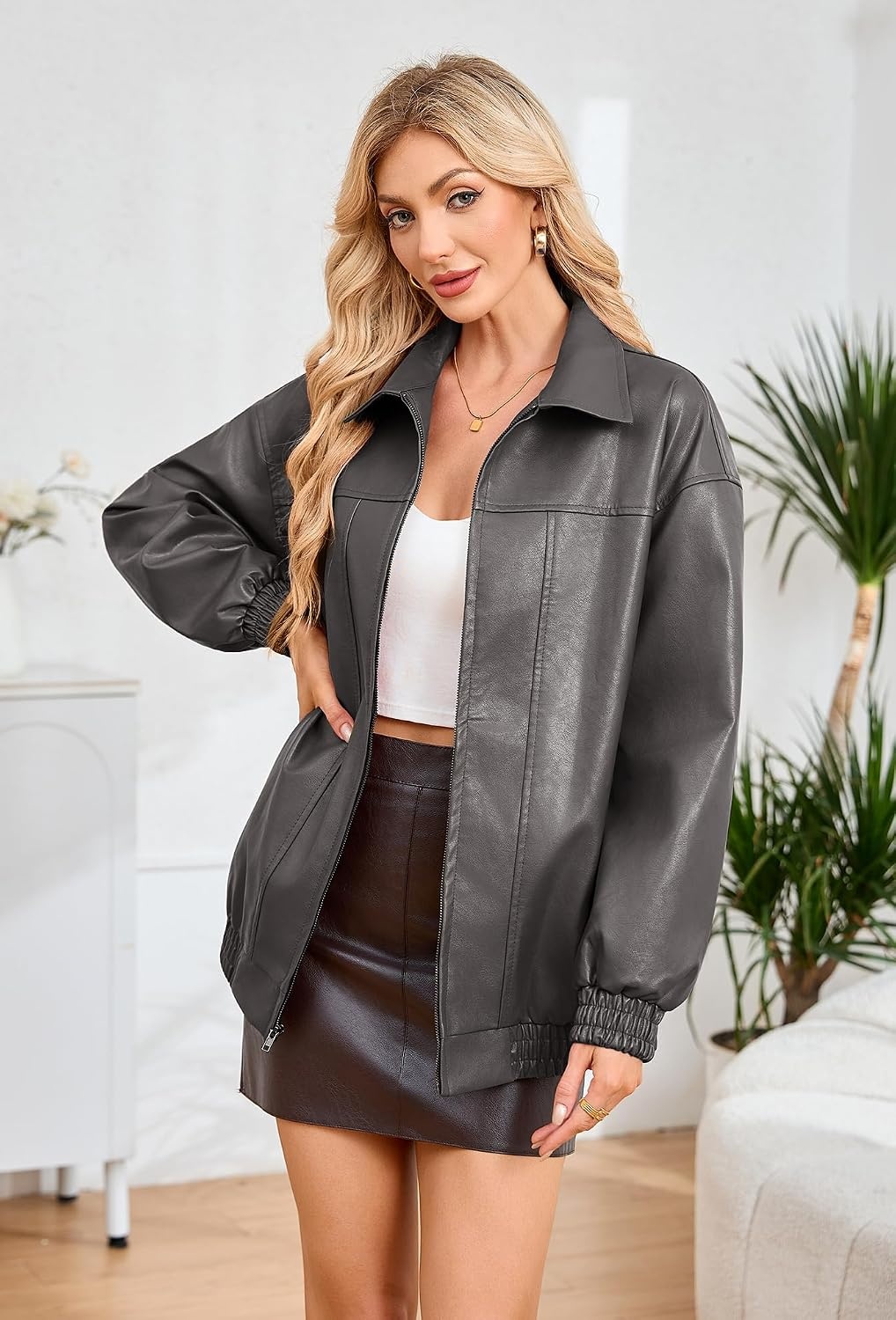 image:imageKOMANA Womens Zip Ribbed Leather Jacket Faux Oversized Winter Warm CoatGrey