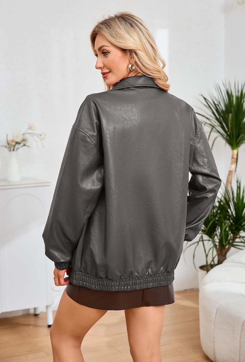 image:imageKOMANA Womens Zip Ribbed Leather Jacket Faux Oversized Winter Warm CoatGrey