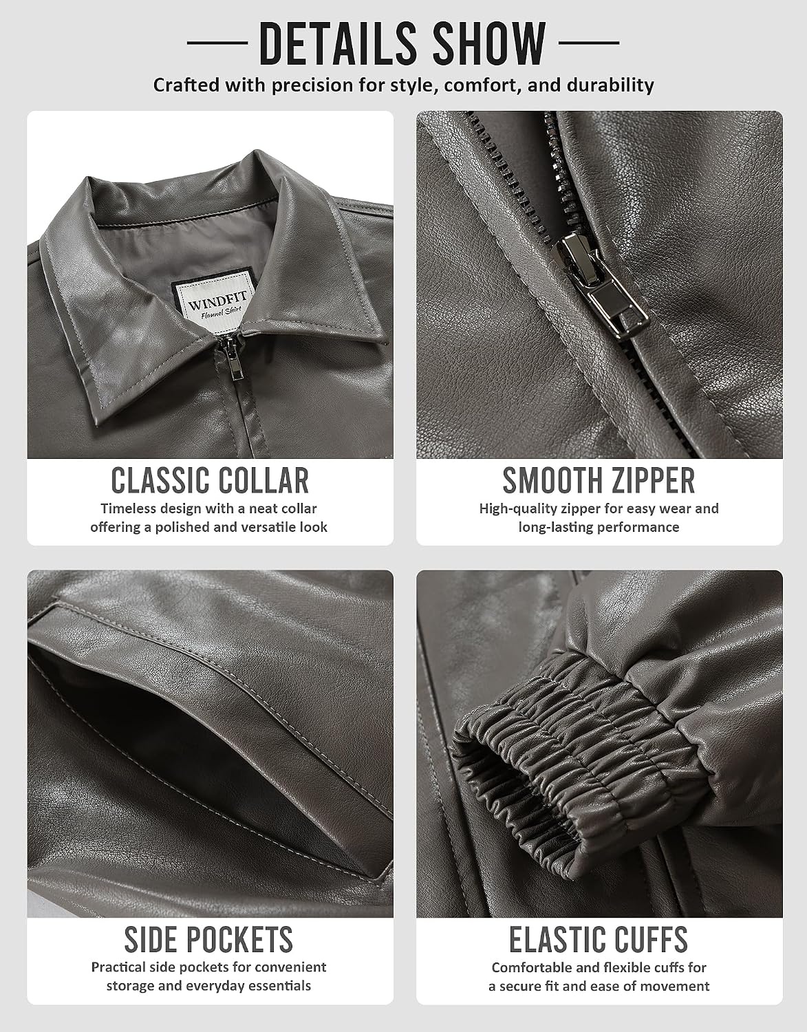 image:imageKOMANA Womens Zip Ribbed Leather Jacket Faux Oversized Winter Warm CoatGrey
