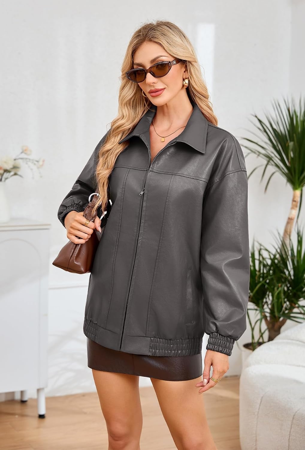 image:imageKOMANA Womens Zip Ribbed Leather Jacket Faux Oversized Winter Warm CoatGrey
