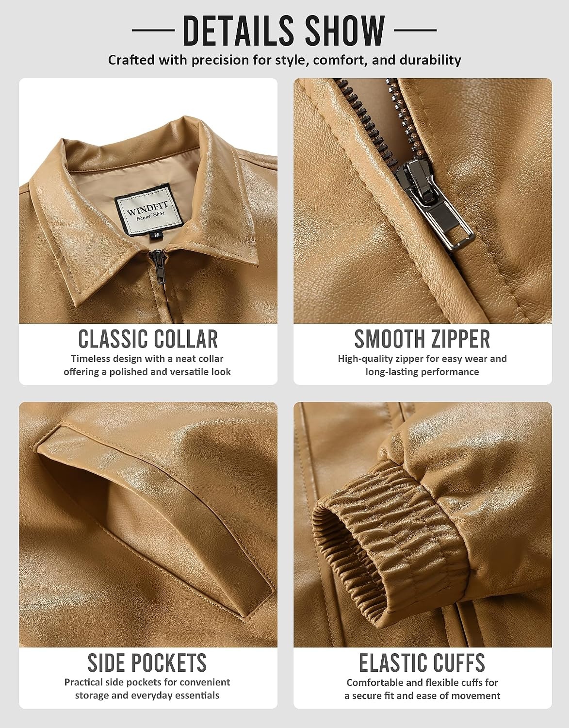 image:imageKOMANA Womens Zip Ribbed Leather Jacket Faux Oversized Winter Warm CoatKhaki