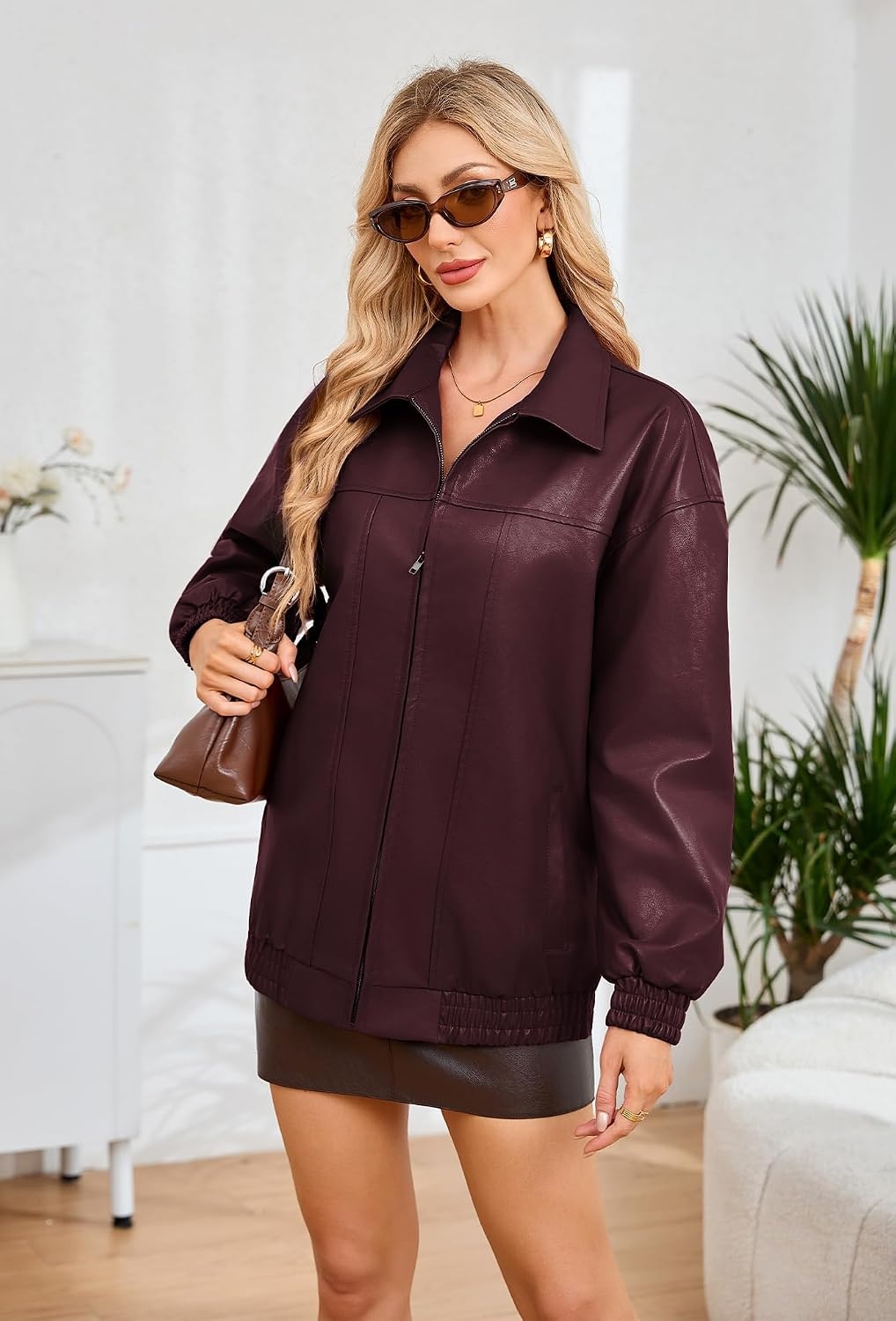 image:imageKOMANA Womens Zip Ribbed Leather Jacket Faux Oversized Winter Warm CoatPurple