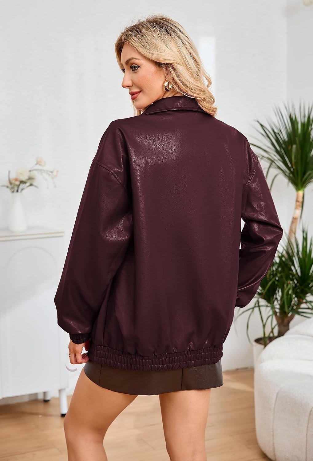 image:imageKOMANA Womens Zip Ribbed Leather Jacket Faux Oversized Winter Warm CoatPurple