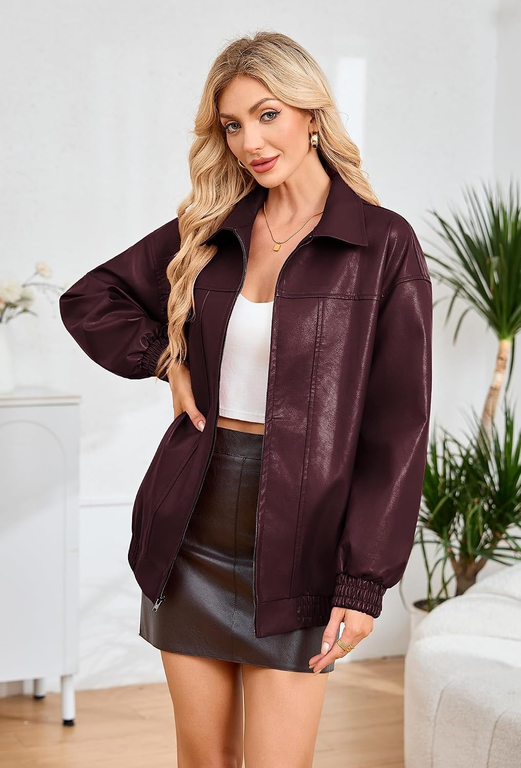 image:imageKOMANA Womens Zip Ribbed Leather Jacket Faux Oversized Winter Warm CoatPurple