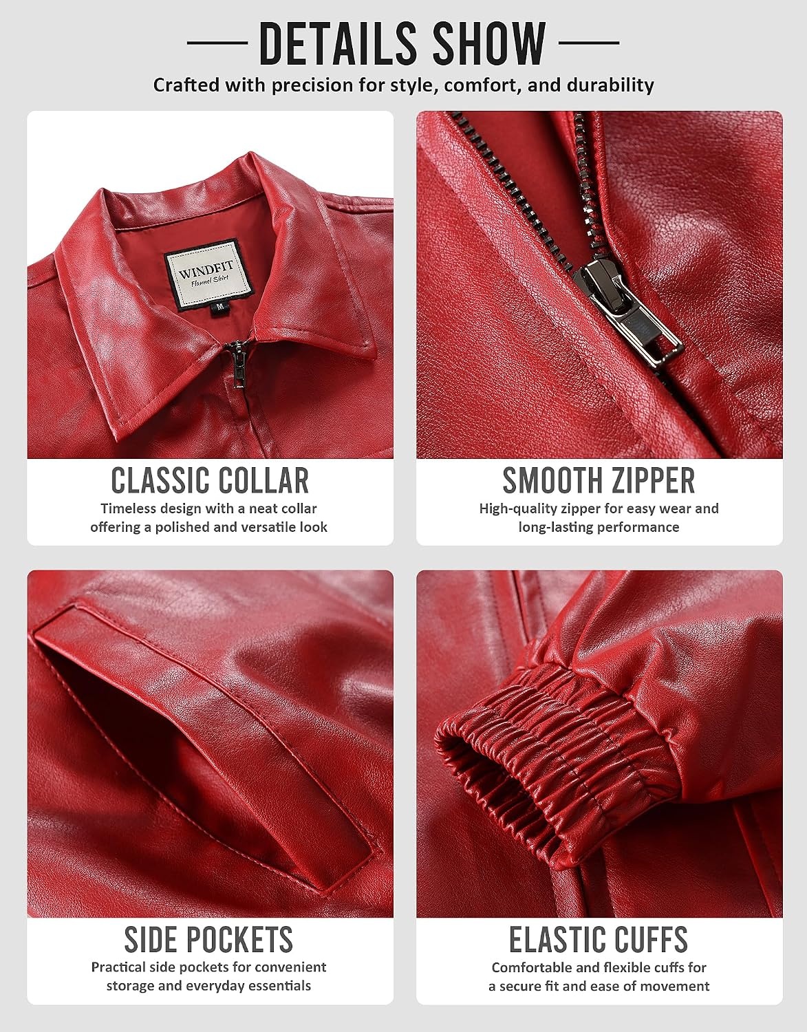 image:imageKOMANA Womens Zip Ribbed Leather Jacket Faux Oversized Winter Warm CoatRed