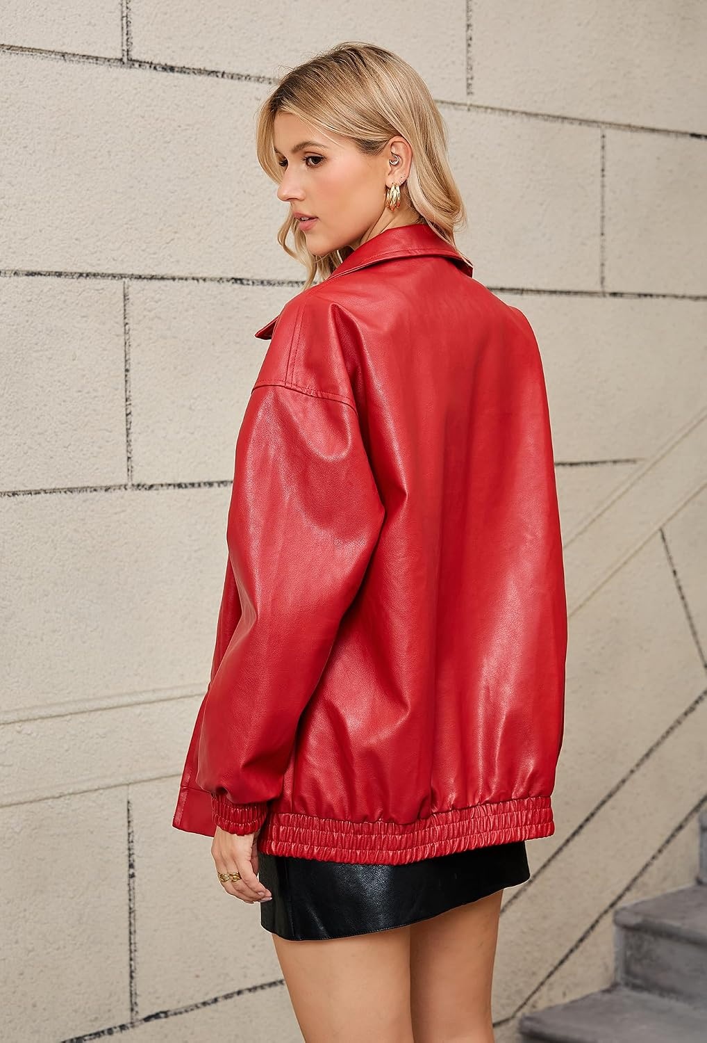 image:imageKOMANA Womens Zip Ribbed Leather Jacket Faux Oversized Winter Warm CoatRed