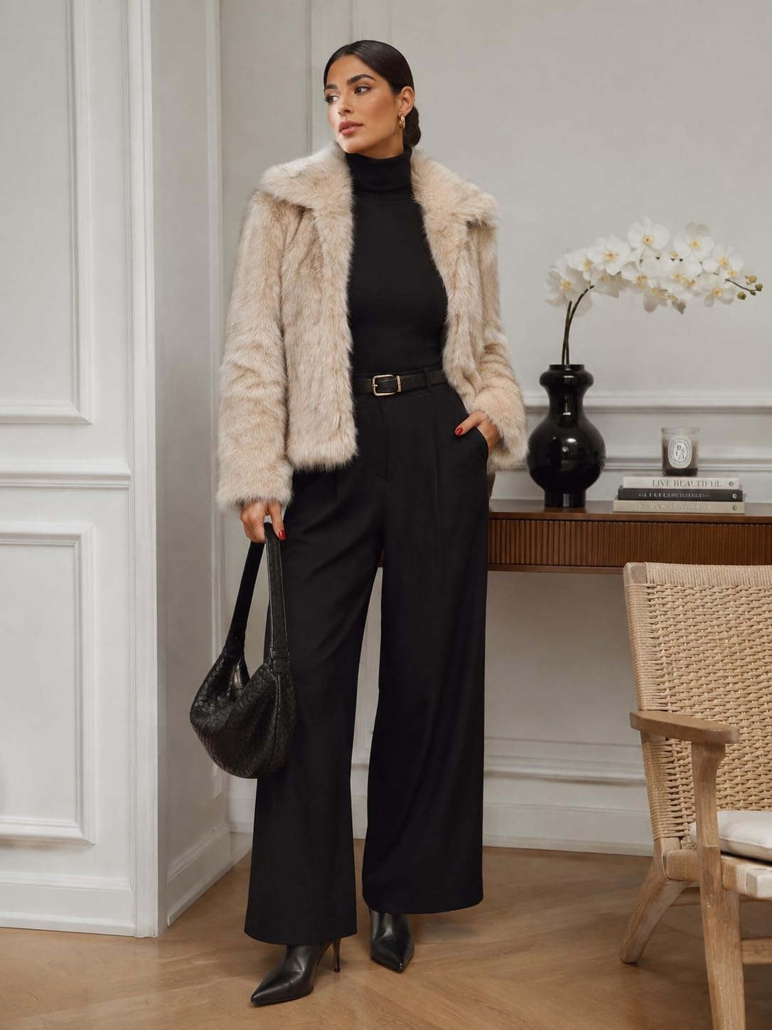image:imageLOMON Faux Fur Coat Women TwoTone Cropped Fluffy JacketApricot White