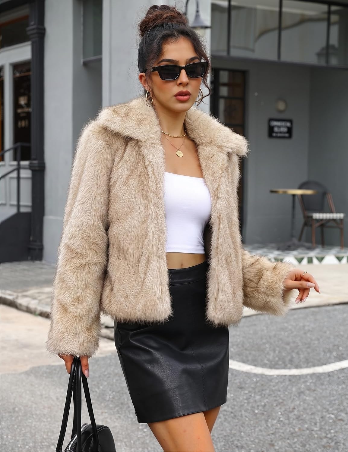 image:imageLOMON Faux Fur Coat Women TwoTone Cropped Fluffy JacketApricot White