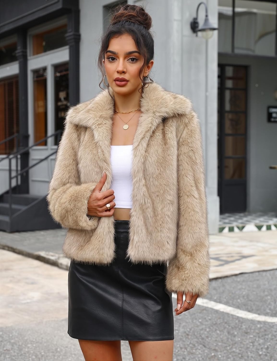 image:imageLOMON Faux Fur Coat Women TwoTone Cropped Fluffy JacketApricot White
