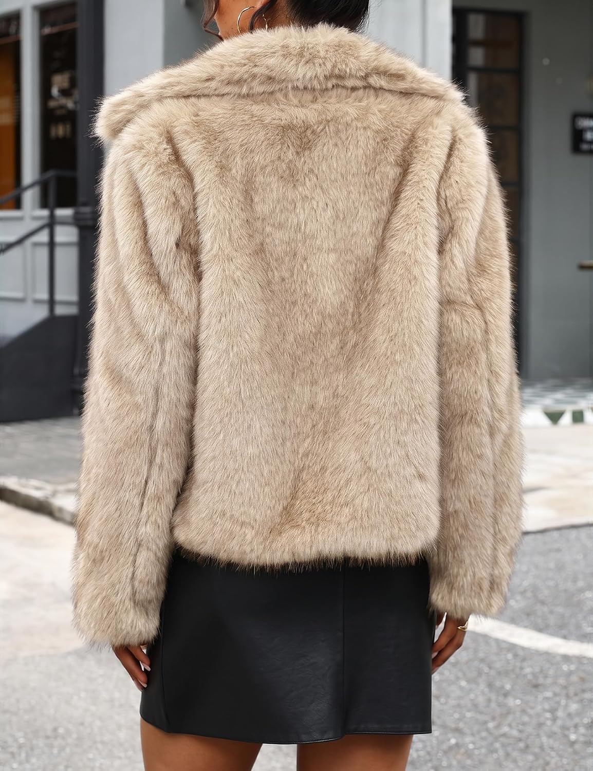 image:imageLOMON Faux Fur Coat Women TwoTone Cropped Fluffy JacketApricot White a