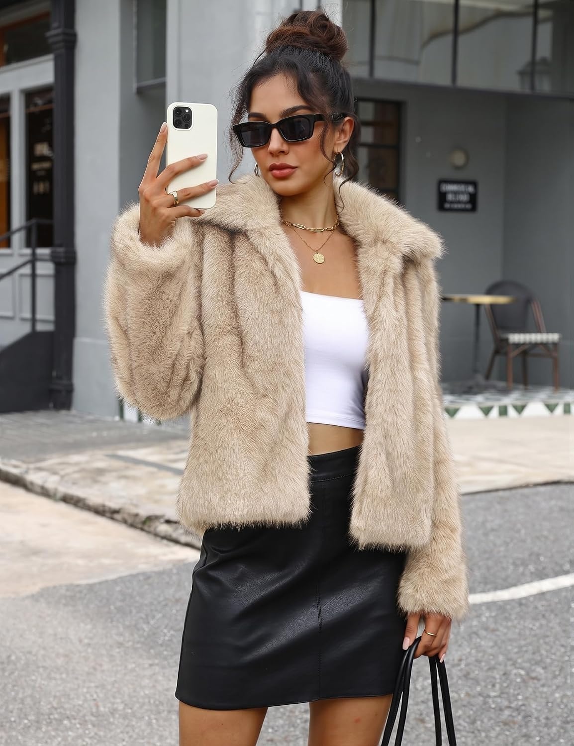 image:imageLOMON Faux Fur Coat Women TwoTone Cropped Fluffy JacketApricot White a