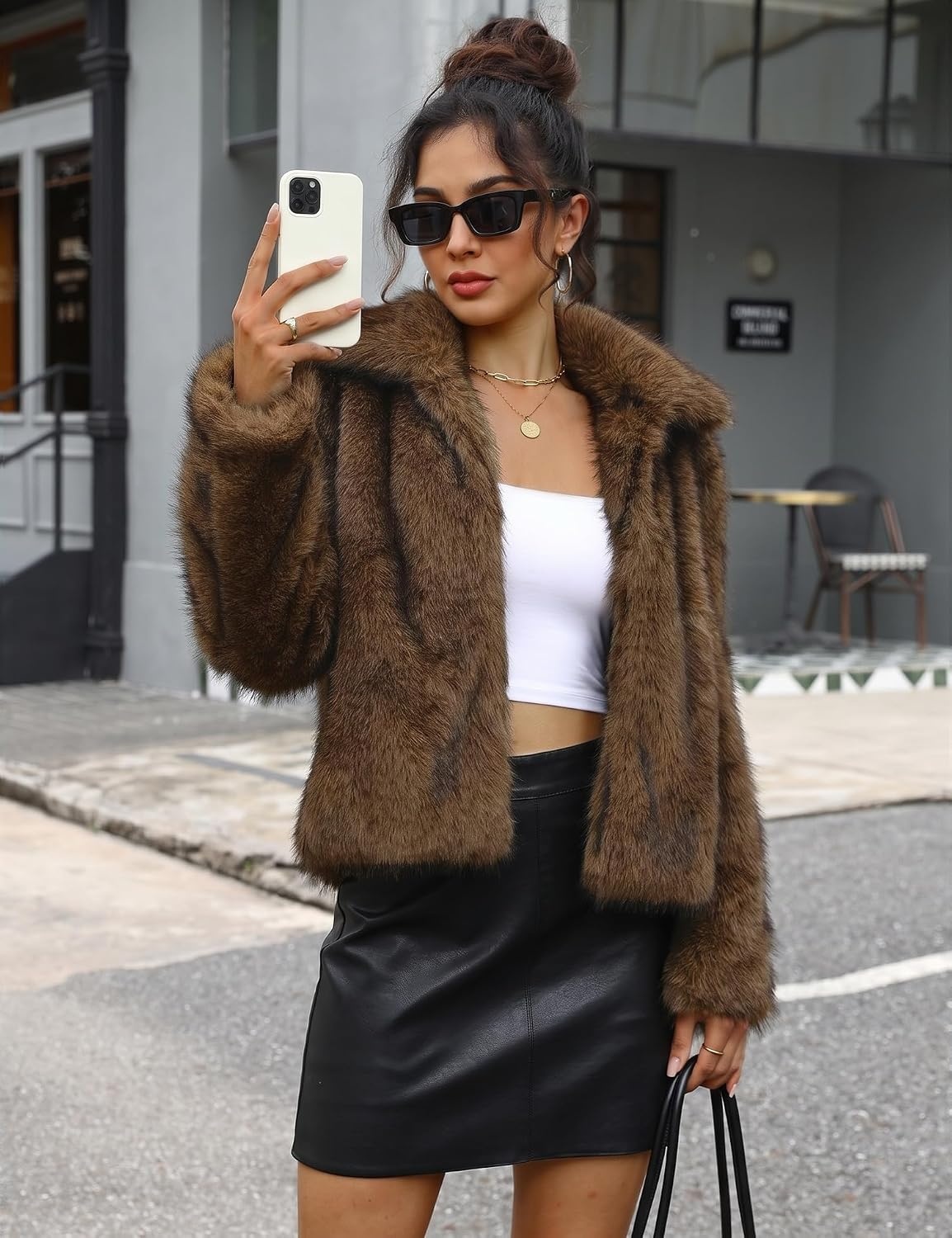 image:imageLOMON Faux Fur Coat Women TwoTone Cropped Fluffy JacketBlack Brown a