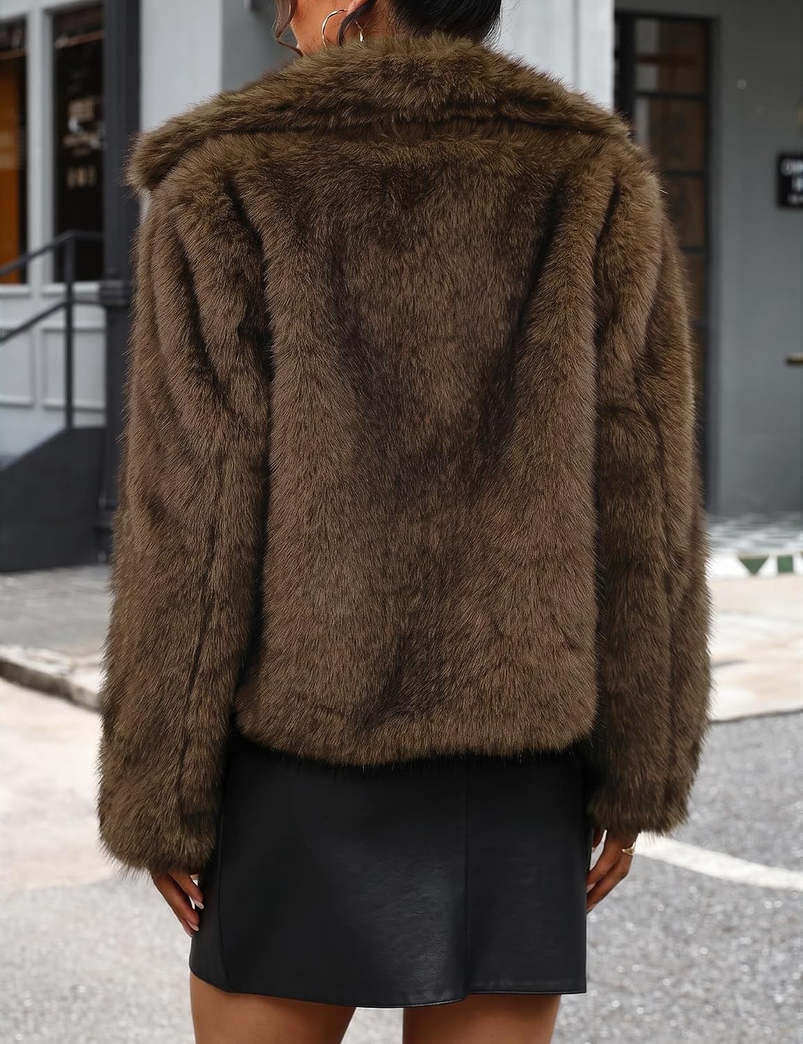 image:imageLOMON Faux Fur Coat Women TwoTone Cropped Fluffy JacketBlack Brown a