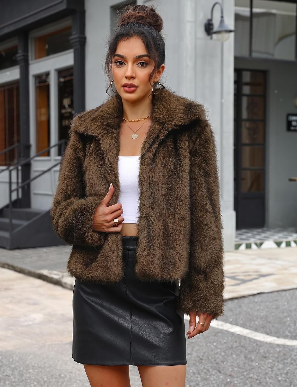 image:imageLOMON Faux Fur Coat Women TwoTone Cropped Fluffy JacketBlack Brown a