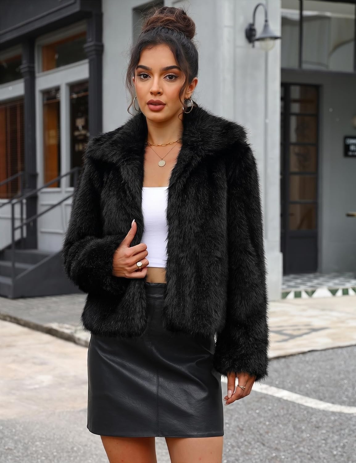 image:imageLOMON Faux Fur Coat Women TwoTone Cropped Fluffy JacketBlack