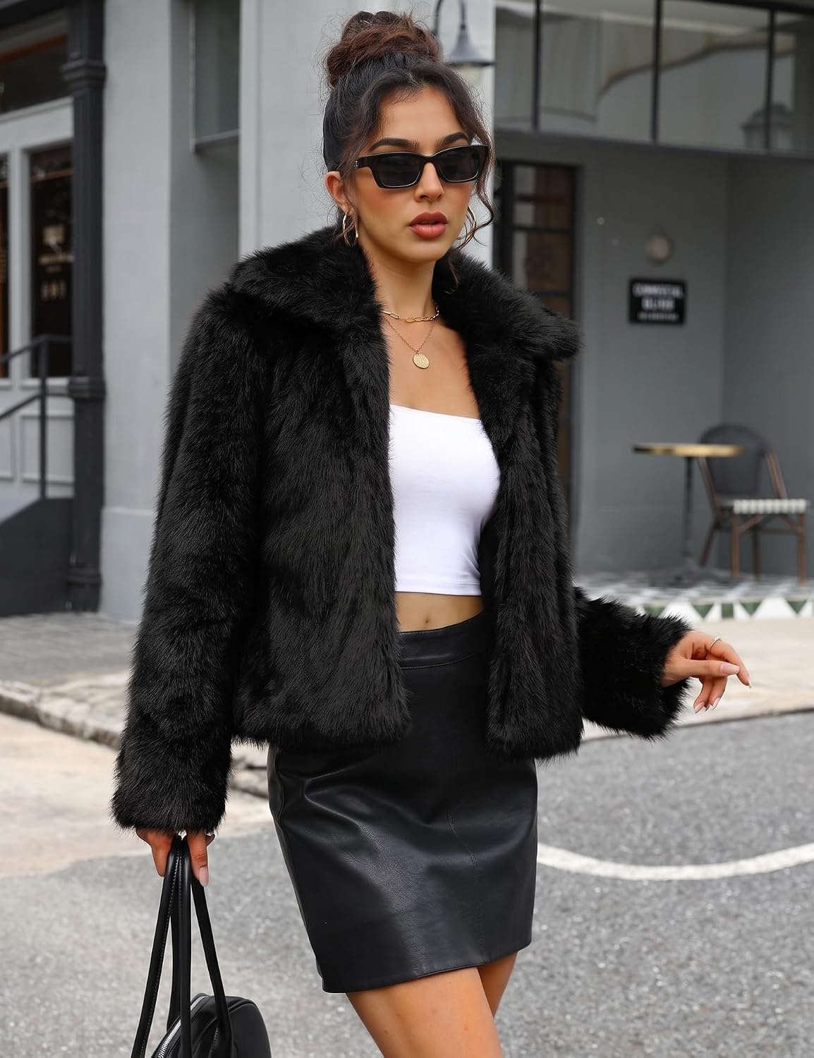 image:imageLOMON Faux Fur Coat Women TwoTone Cropped Fluffy JacketBlack