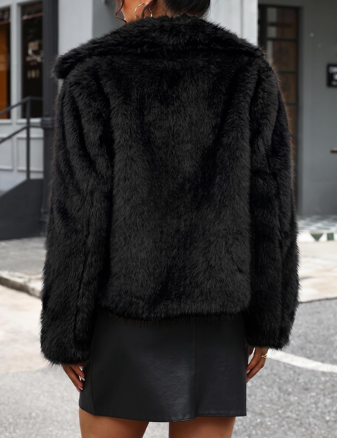 image:imageLOMON Faux Fur Coat Women TwoTone Cropped Fluffy JacketBlack