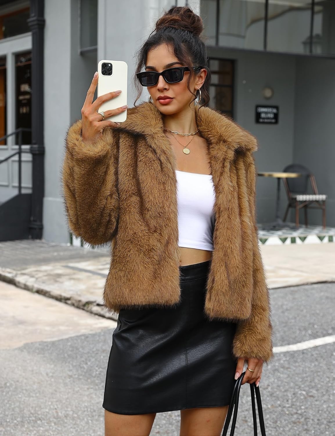 image:imageLOMON Faux Fur Coat Women TwoTone Cropped Fluffy JacketKhaki White a