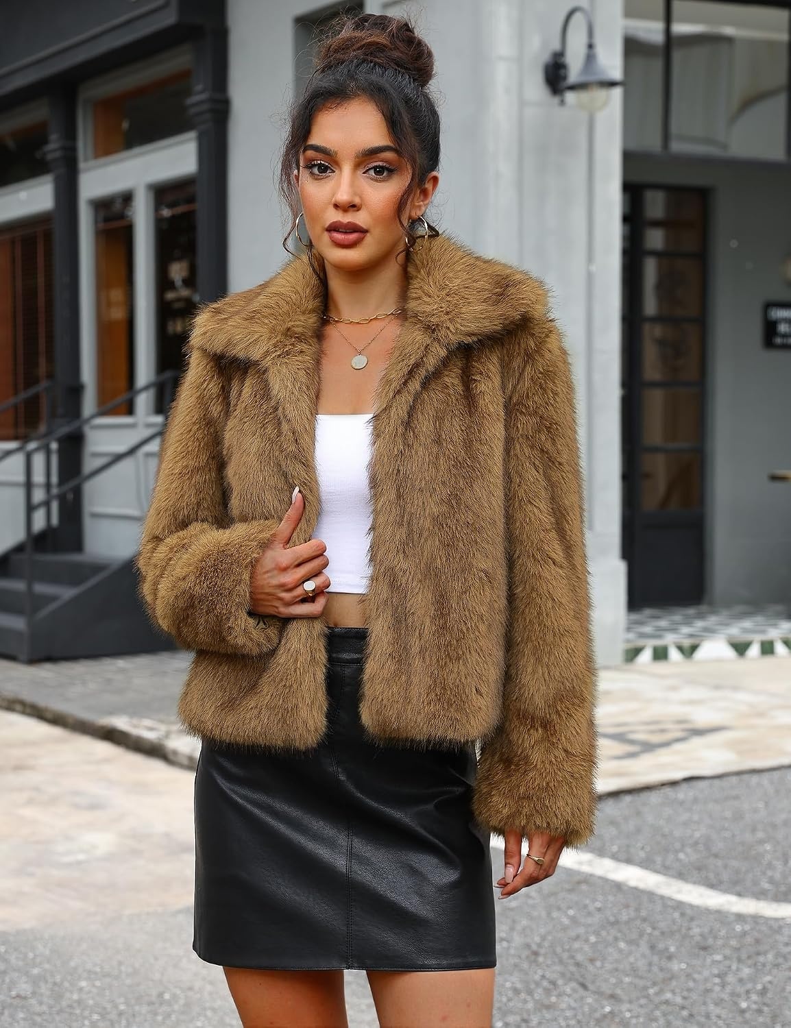 image:imageLOMON Faux Fur Coat Women TwoTone Cropped Fluffy JacketKhaki White a