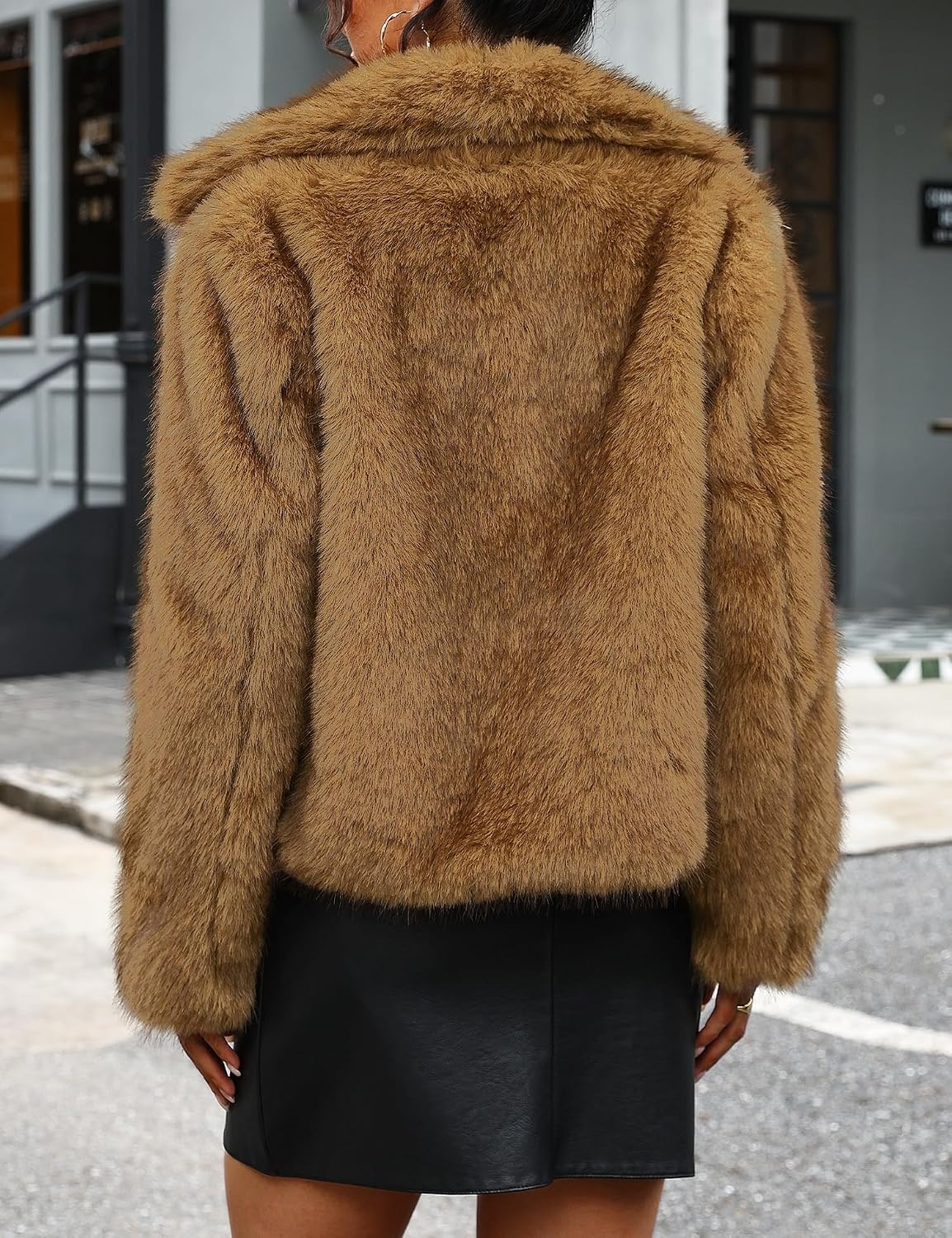 image:imageLOMON Faux Fur Coat Women TwoTone Cropped Fluffy JacketKhaki White a