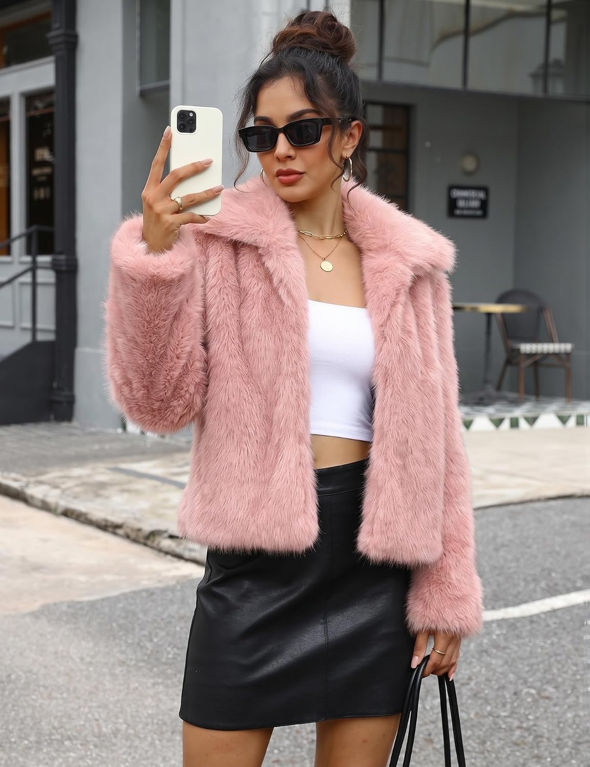 image:imageLOMON Faux Fur Coat Women TwoTone Cropped Fluffy JacketPink White a