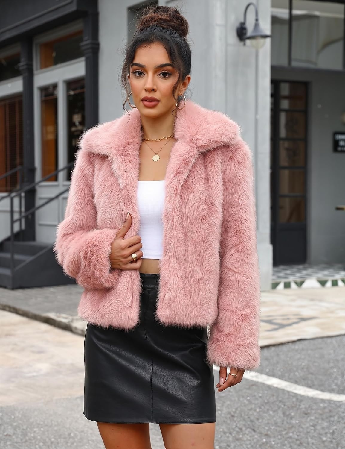 image:imageLOMON Faux Fur Coat Women TwoTone Cropped Fluffy JacketPink White a