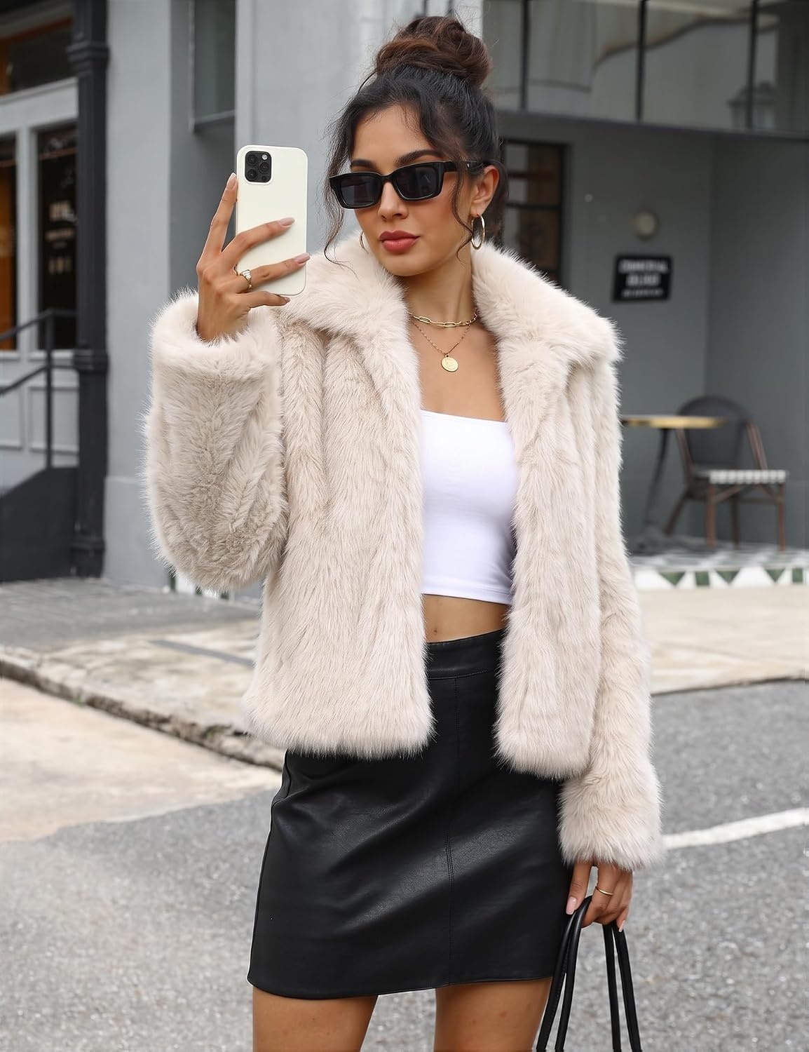 image:imageLOMON Faux Fur Coat Women TwoTone Cropped Fluffy JacketWhite