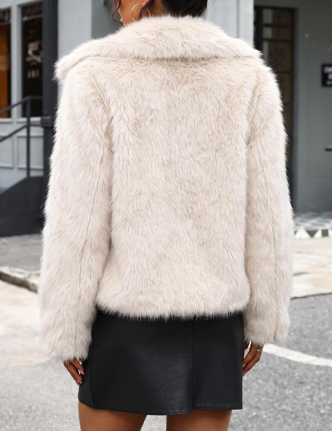 image:imageLOMON Faux Fur Coat Women TwoTone Cropped Fluffy JacketWhite