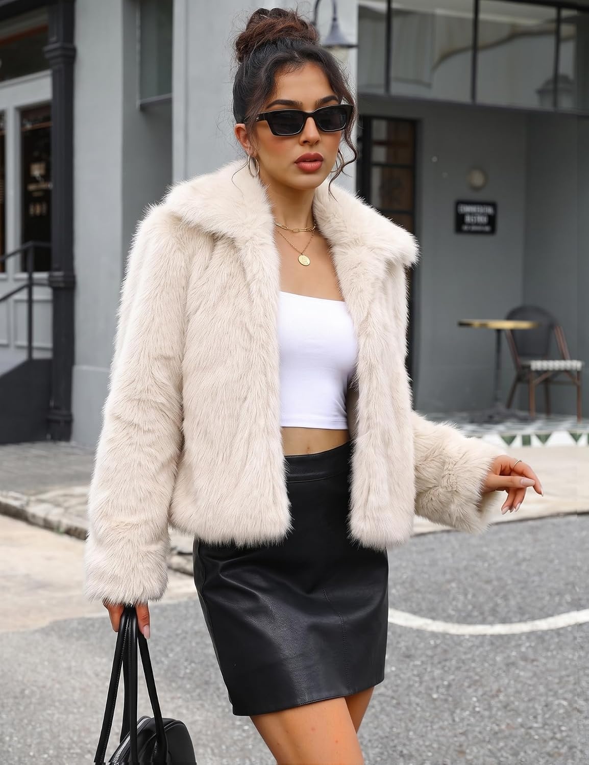 image:imageLOMON Faux Fur Coat Women TwoTone Cropped Fluffy JacketWhite