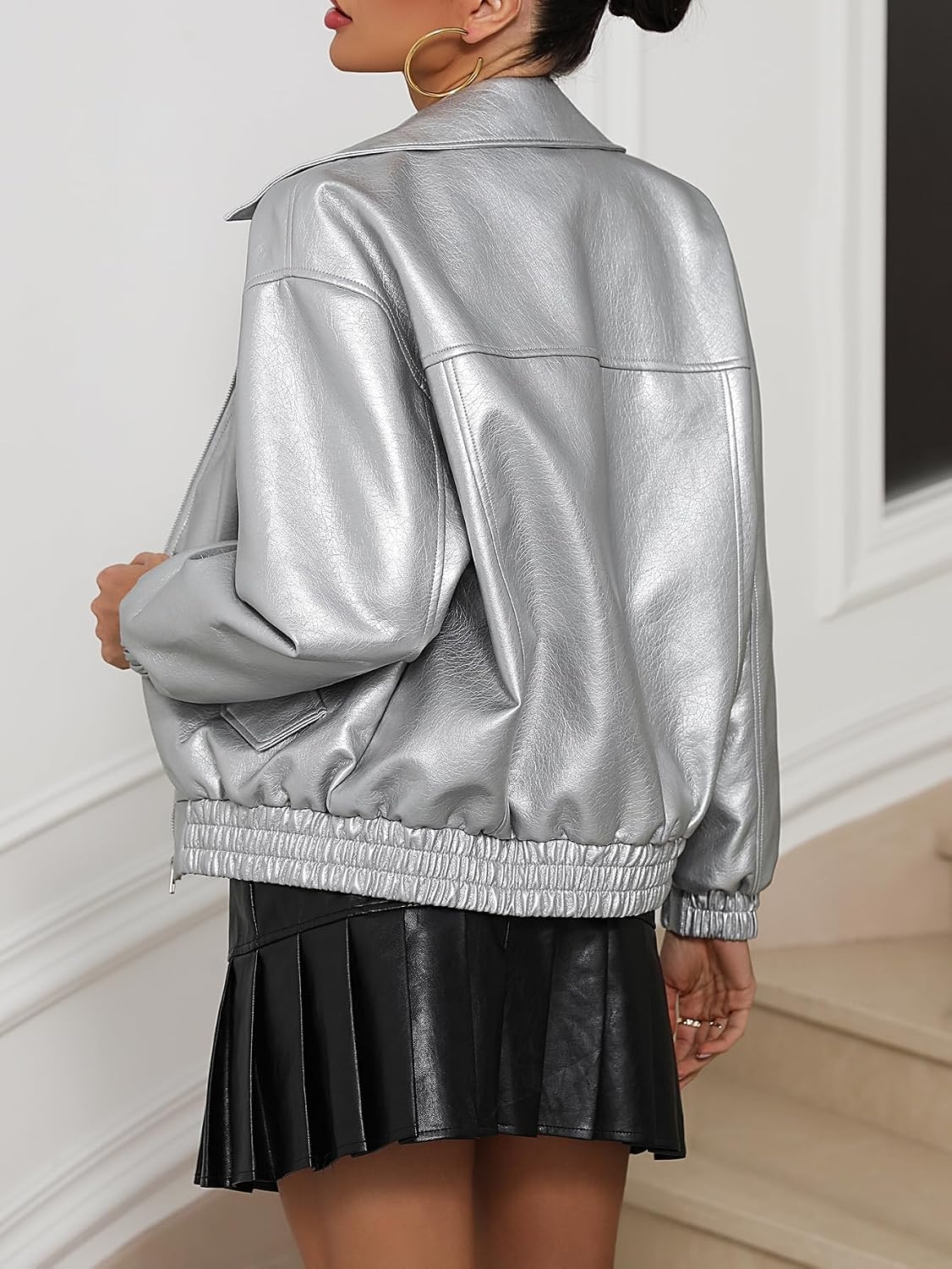 image:imageLY VAREY LIN Womens Faux Leather Jacket Long Sleeve Zip Up Casual Bomber Motorcycle Biker Coat2412silver