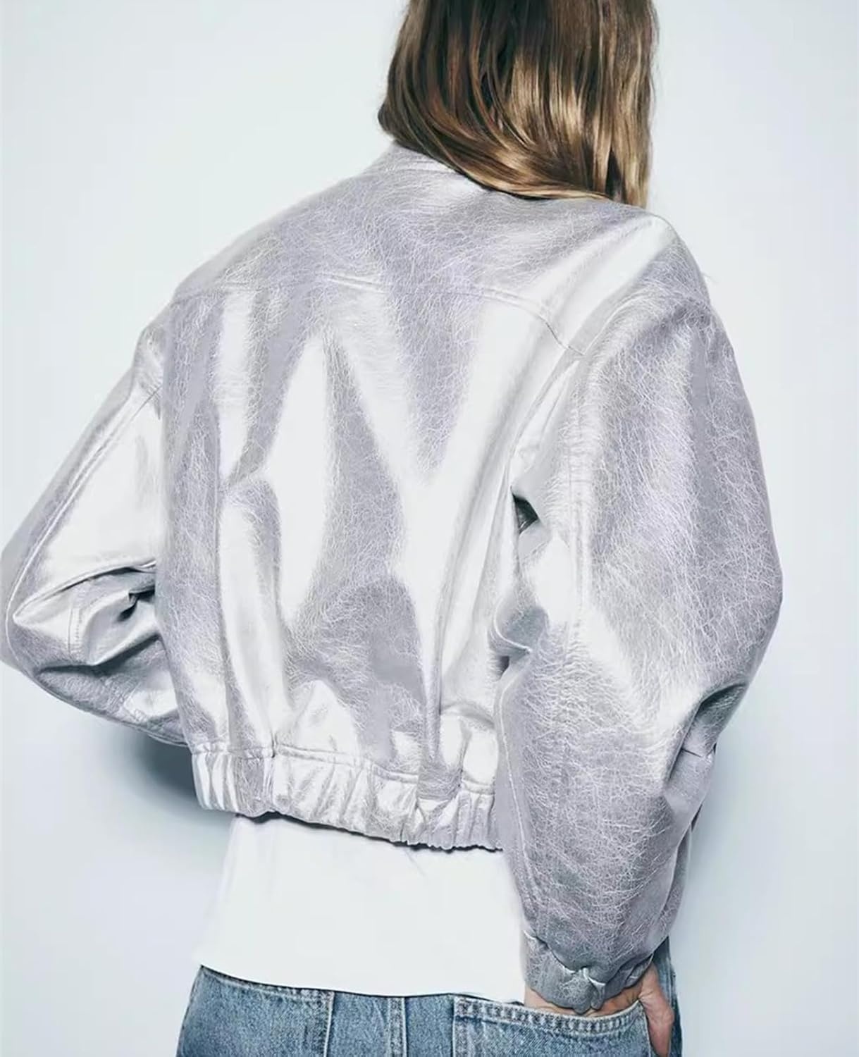 image:imageLY VAREY LIN Womens Faux Leather Jacket Long Sleeve Zip Up Casual Bomber Motorcycle Biker Coat2416silver