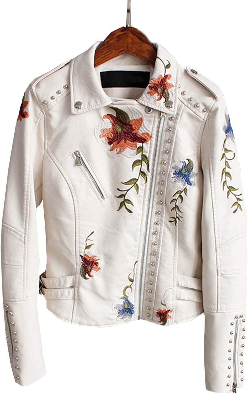 image:imageLY VAREY LIN Womens Floral Embroidered Faux Leather Moto PU Jacket CoatBeige