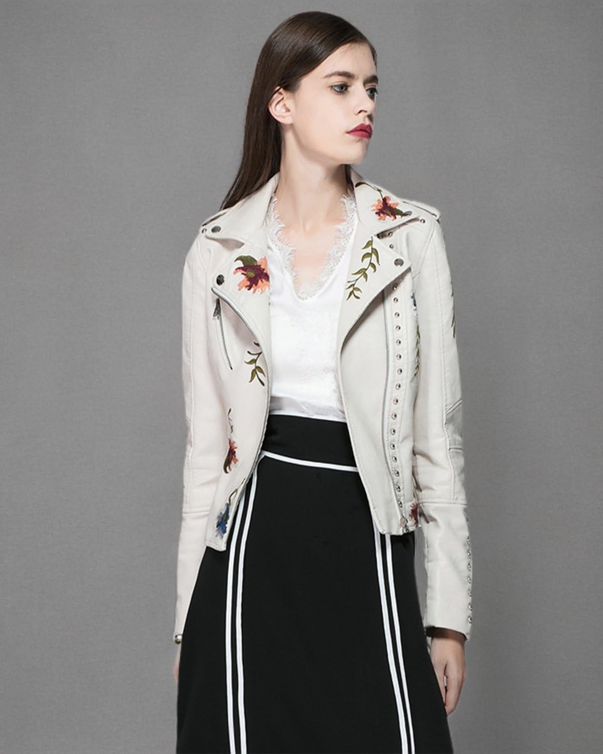 image:imageLY VAREY LIN Womens Floral Embroidered Faux Leather Moto PU Jacket CoatBeige