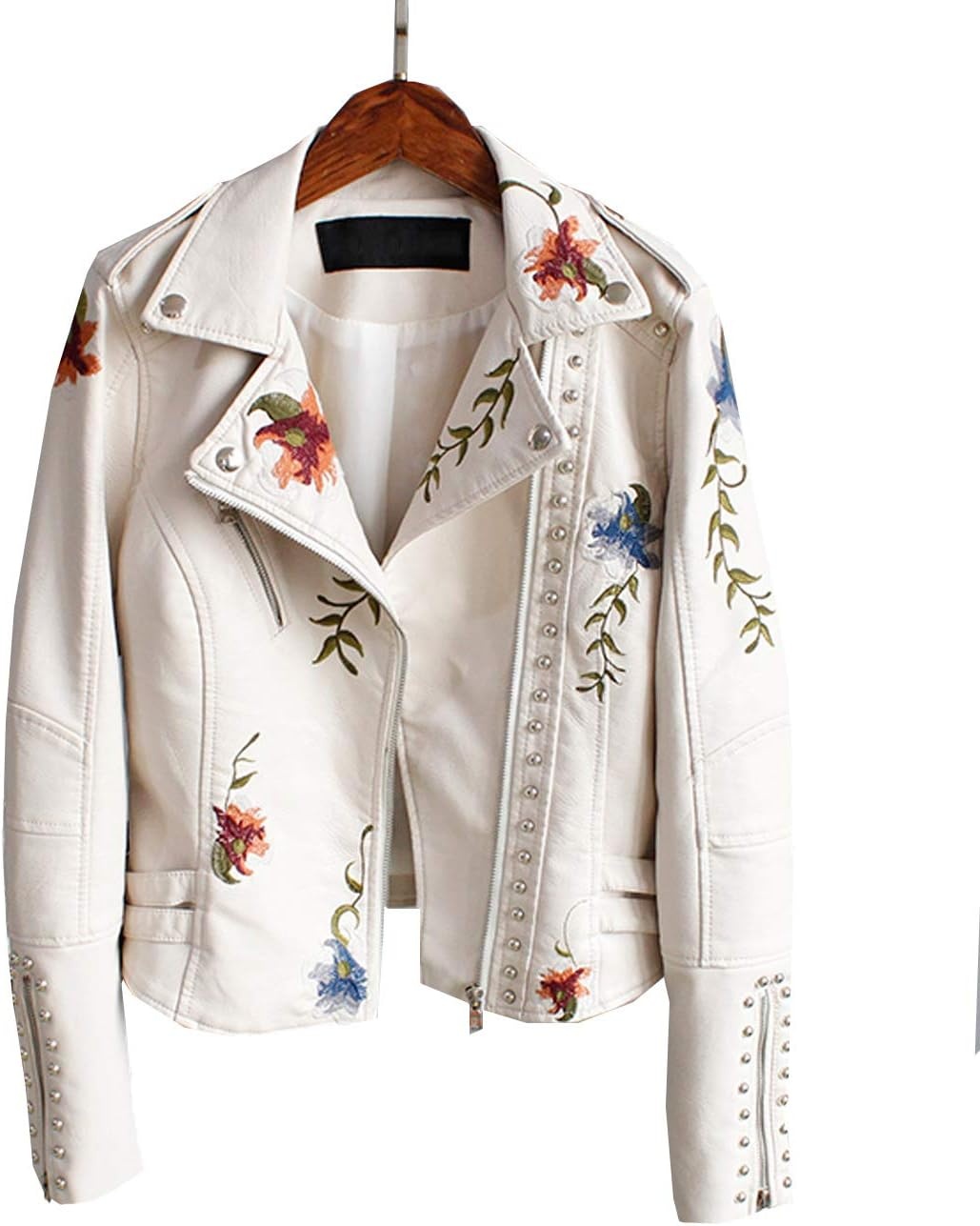 image:imageLY VAREY LIN Womens Floral Embroidered Faux Leather Moto PU Jacket CoatBeige