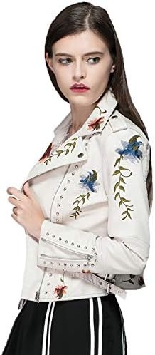 image:imageLY VAREY LIN Womens Floral Embroidered Faux Leather Moto PU Jacket CoatBeige