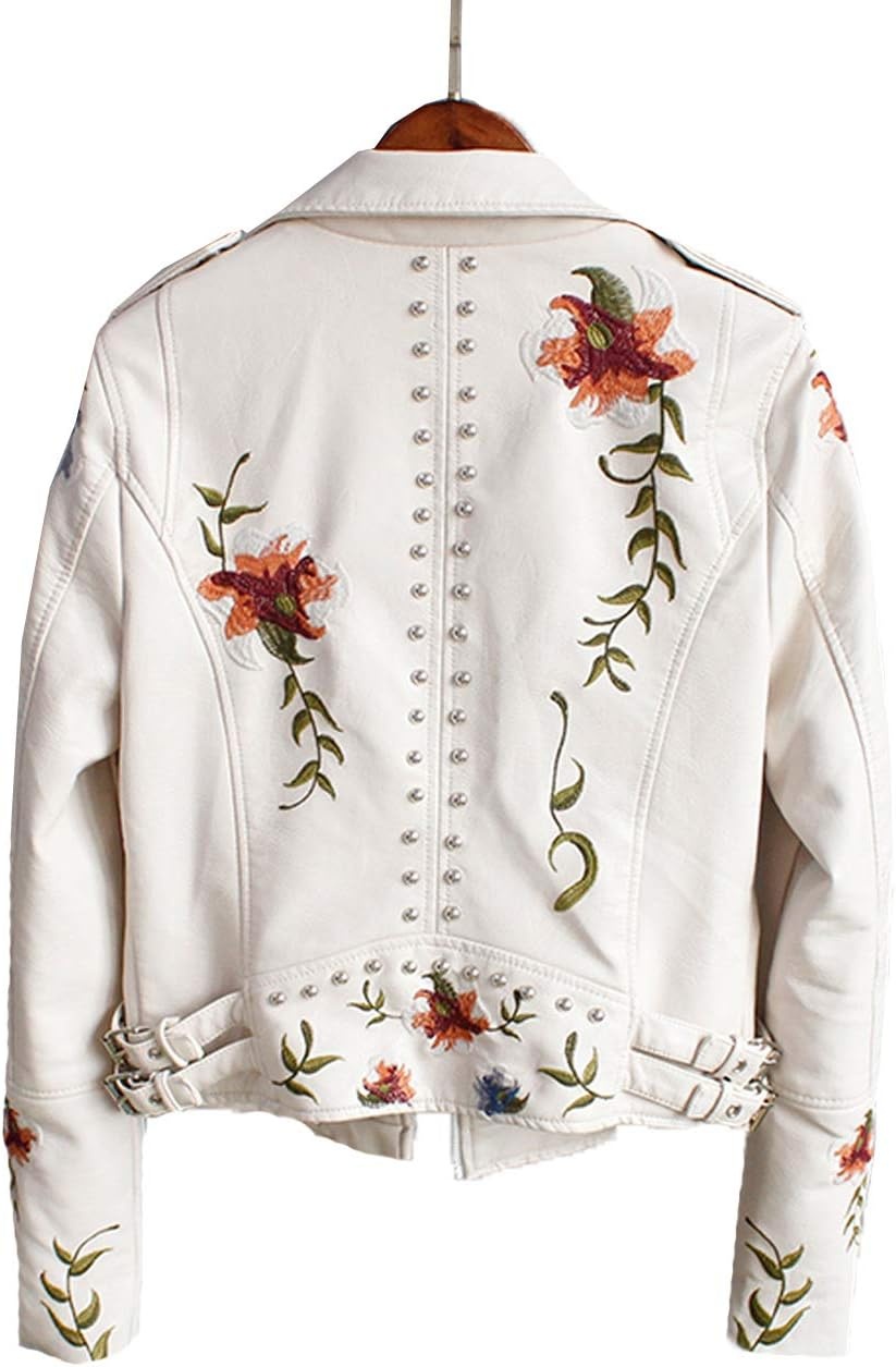 image:imageLY VAREY LIN Womens Floral Embroidered Faux Leather Moto PU Jacket CoatBeige