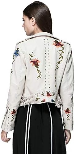 image:imageLY VAREY LIN Womens Floral Embroidered Faux Leather Moto PU Jacket CoatBeige