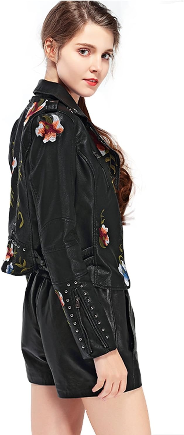 image:imageLY VAREY LIN Womens Floral Embroidered Faux Leather Moto PU Jacket CoatBlack