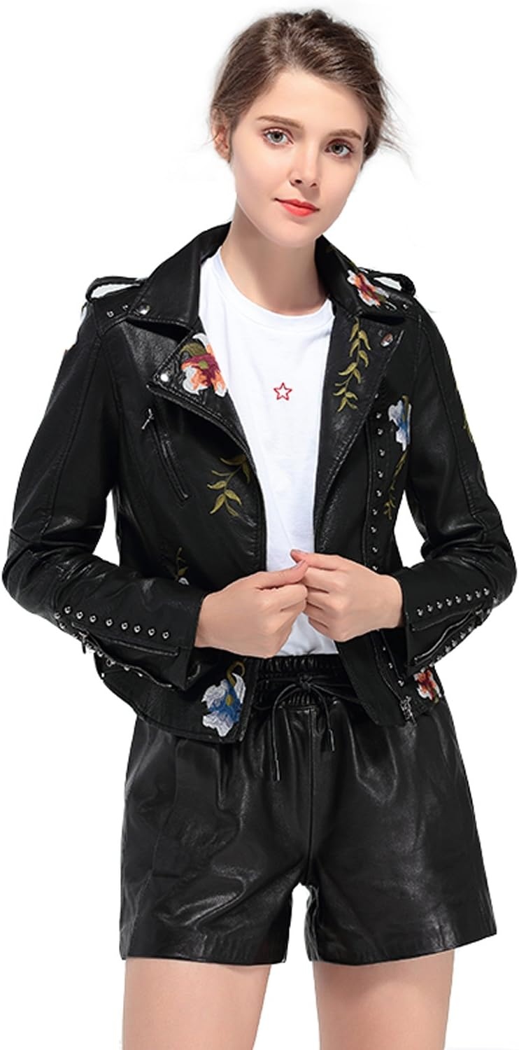 image:imageLY VAREY LIN Womens Floral Embroidered Faux Leather Moto PU Jacket CoatBlack