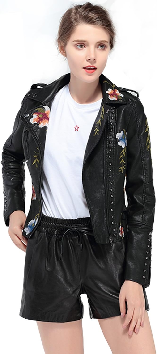 image:imageLY VAREY LIN Womens Floral Embroidered Faux Leather Moto PU Jacket CoatBlack