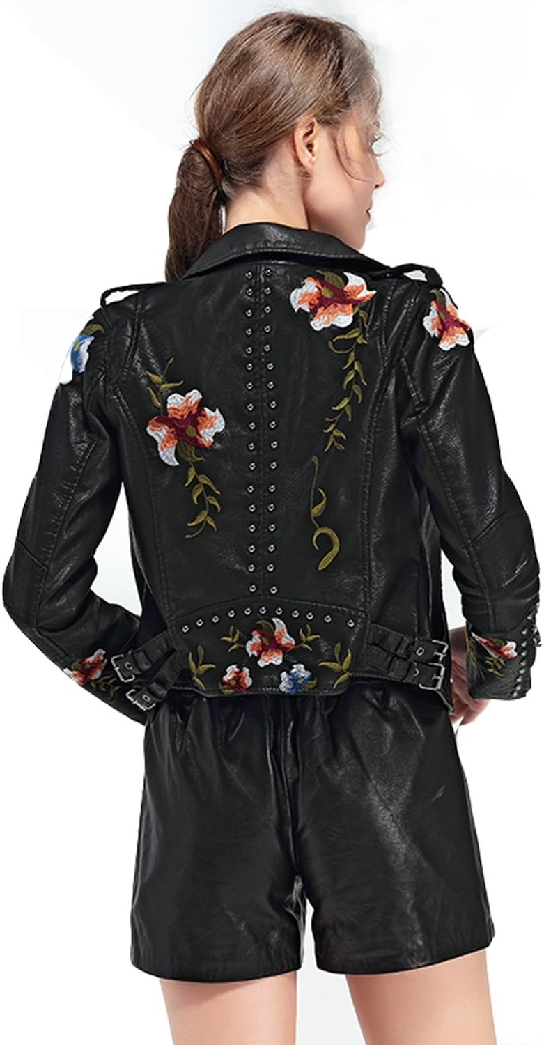 image:imageLY VAREY LIN Womens Floral Embroidered Faux Leather Moto PU Jacket CoatBlack