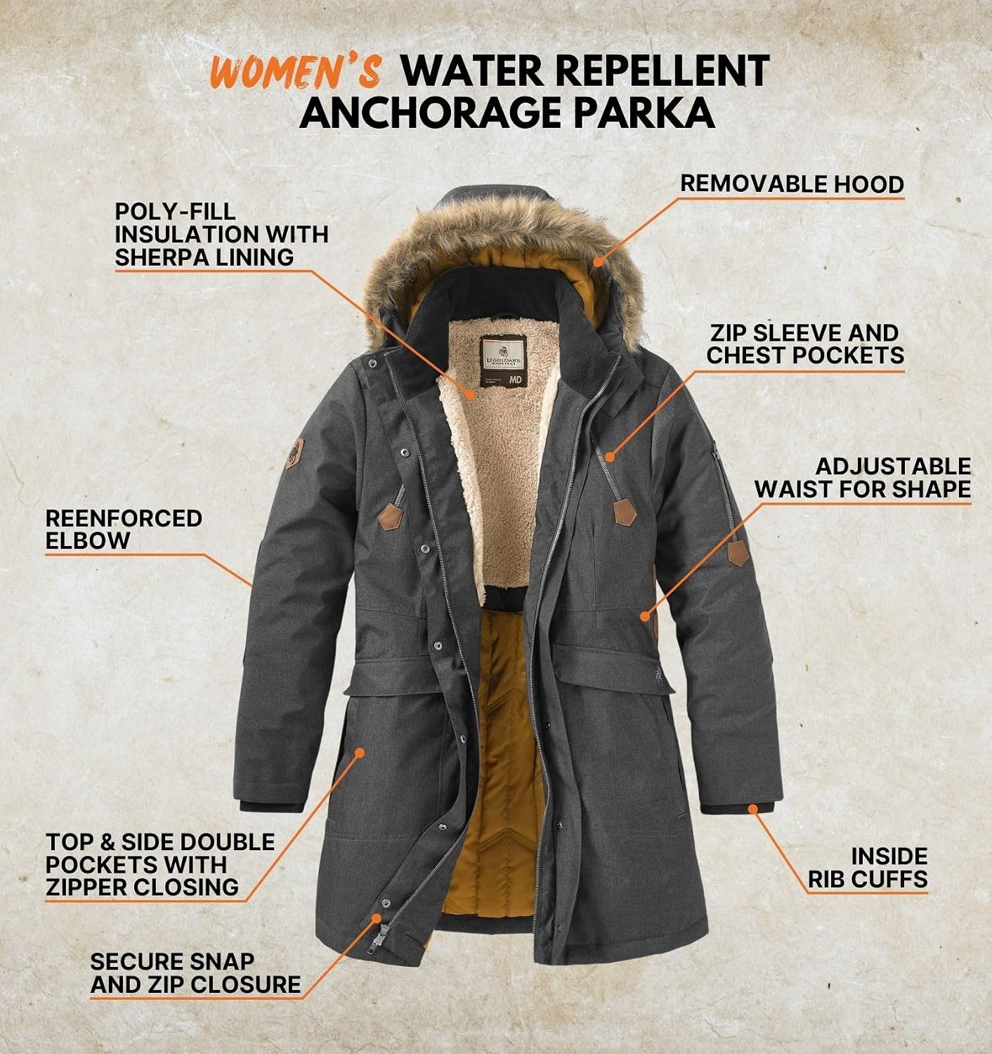 image:imageLegendary Whitetails Womens Coat with Hood Warm Insulated ParkaDark Coal Heather
