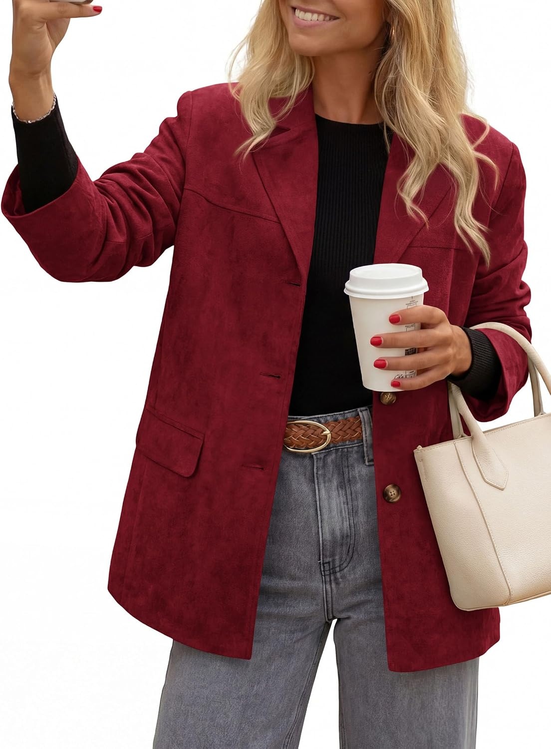 image:imagePRETTYGARDEN Blazers for Women Western Fall Faux Suede JacketBurgundy