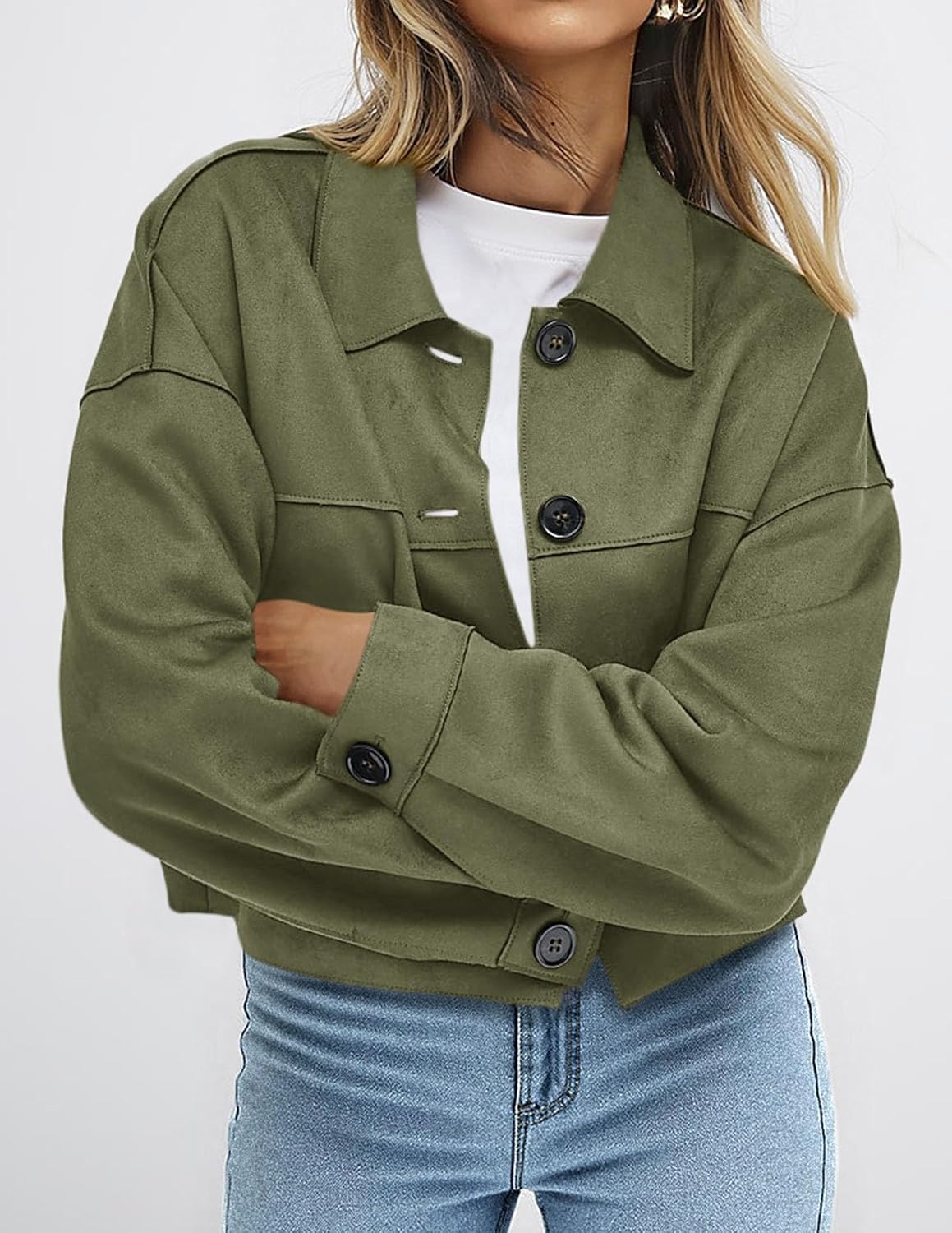 image:imagePRETTYGARDEN Womens Faux Suede Shacket Jackets Lightweight Cropped CoatsArmy Green