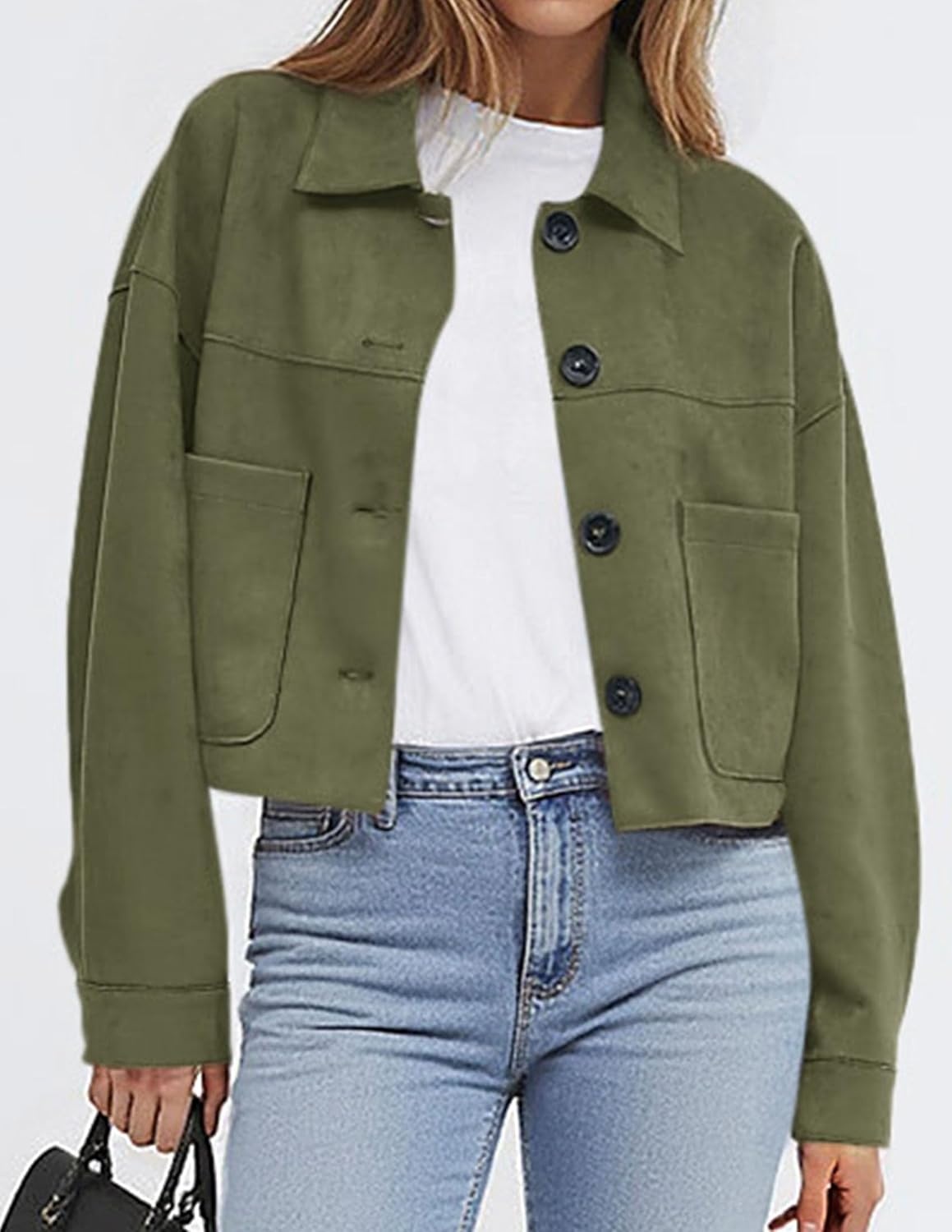 image:imagePRETTYGARDEN Womens Faux Suede Shacket Jackets Lightweight Cropped CoatsArmy Green