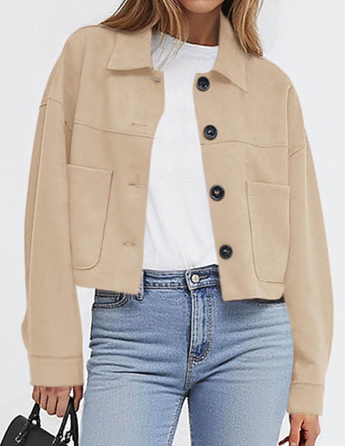 image:imagePRETTYGARDEN Womens Faux Suede Shacket Jackets Lightweight Cropped CoatsBeige