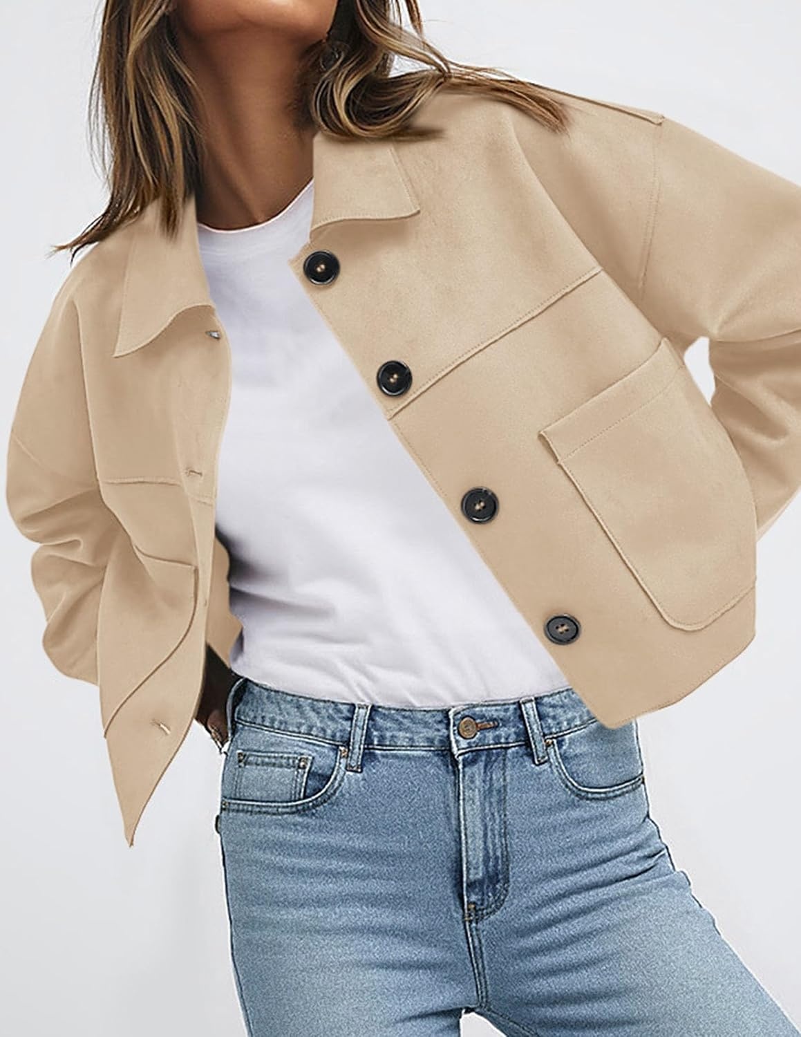 image:imagePRETTYGARDEN Womens Faux Suede Shacket Jackets Lightweight Cropped CoatsBeige